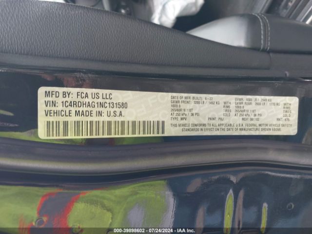 1C4RDHAG1NC131580 Dodge Durango Sxt Rwd