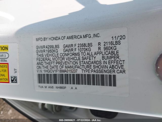 1HGCV1F18MA015237 Honda ACCORD LX