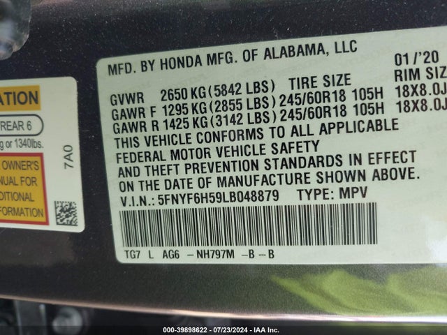 Honda Pilot Awd Ex-l 2020 5FNYF6H59LB048879 Image 9