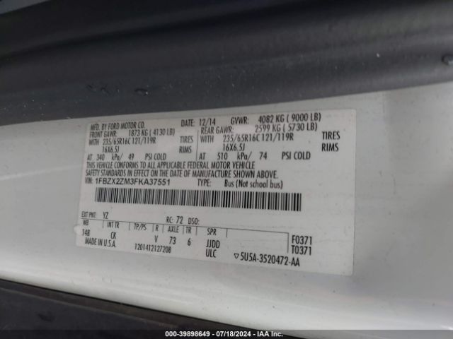 1FBZX2ZM3FKA37551 Ford Transit-350 Xlt