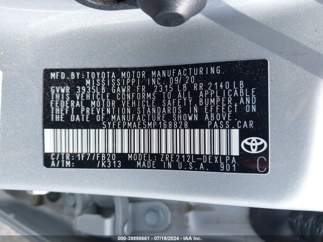 Toyota COROLLA LE 2021 5YFEPMAE5MP168828 Image 9