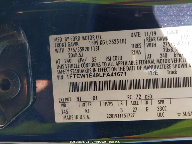 Ford F-150 King Ranch 2020 1FTEW1E49LFA41671 Image 9