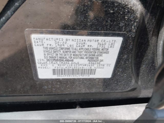 3N1CP5BV5NL498448 Nissan Kicks S Xtronic Cvt