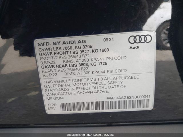 WA13AAGE3NB009041 Audi E-tron Sportback Prestige S Line Quattro