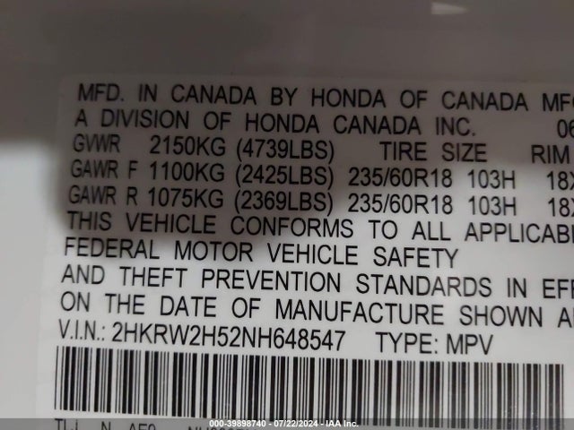 Honda Cr-v Awd Ex 2022 2HKRW2H52NH648547 Image 9