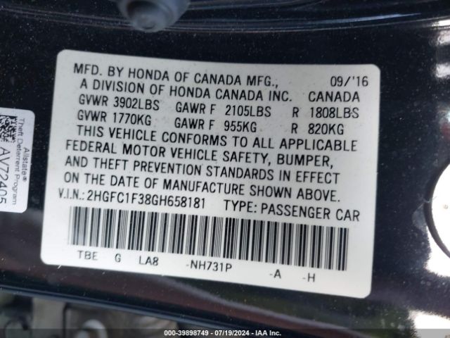 2HGFC1F38GH658181 Honda Civic Ex-t