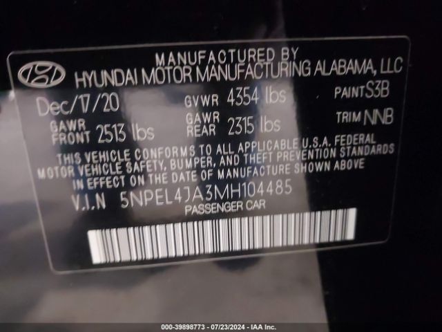 5NPEL4JA3MH104485 Hyundai SONATA SEL