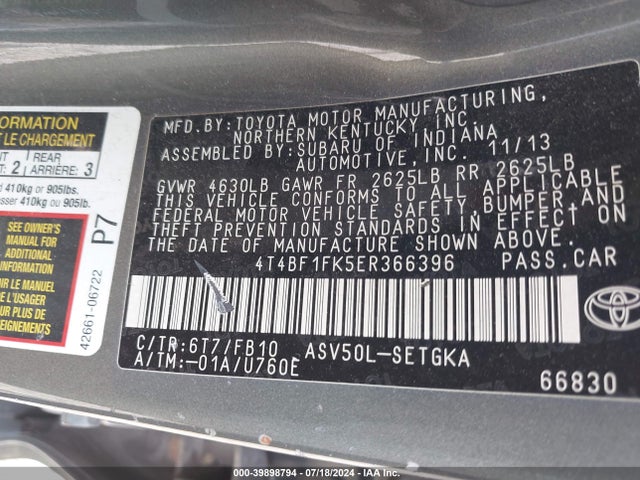 Toyota CAMRY XLE 2014 4T4BF1FK5ER366396 Image 9
