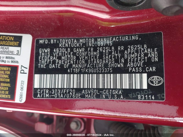 Toyota CAMRY SE 2016 4T1BF1FK9GU523375 Image 9