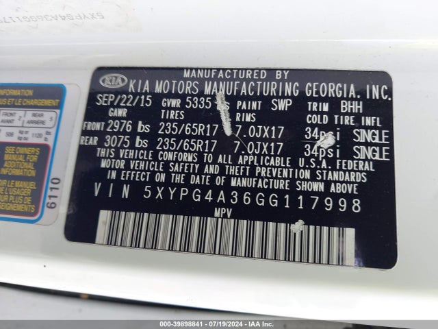 KIA Sorento 2.4l Lx 2016 5XYPG4A36GG117998 Image 9