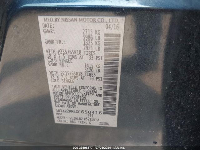 5N1AR2MM3GC650416 Nissan Pathfinder Platinum/s/sl/sv