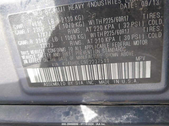 4S4BRDLC9E2237511 Subaru Outback 3.6r Limited
