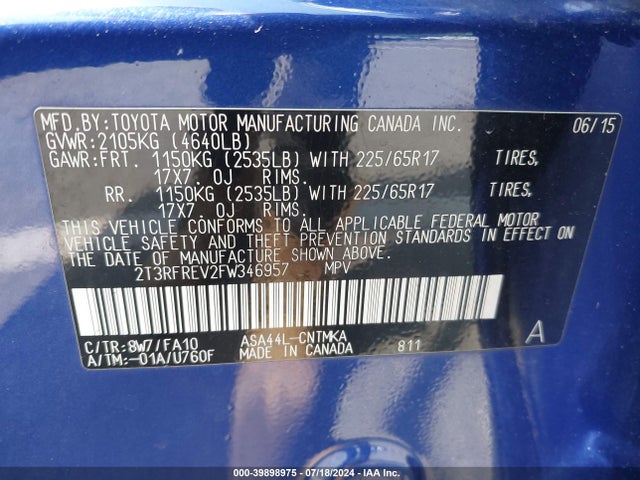 Toyota Rav4 Xle 2015 2T3RFREV2FW346957 Image 9