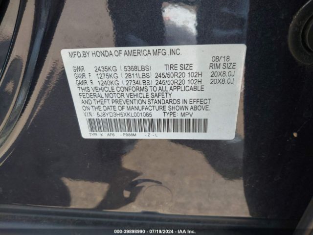 5J8YD3H5XKL001085 Acura Mdx Tech Pkg