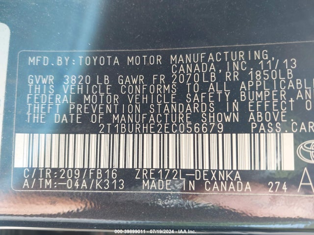 Toyota COROLLA LE 2014 2T1BURHE2EC056679 Image 9
