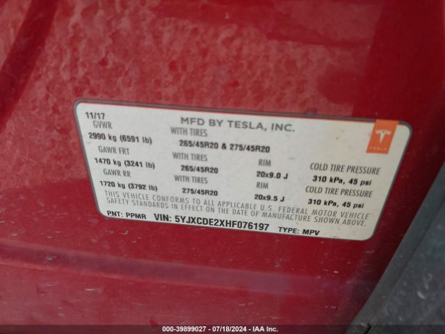 5YJXCDE2XHF076197 Tesla Model X 100d/75d/90d