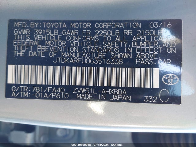 Toyota Prius Two Eco 2016 JTDKARFU0G3516338 Image 9