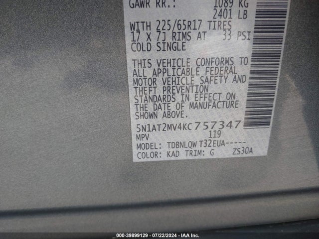 Nissan ROGUE SV 2019 5N1AT2MV4KC757347 Image 9