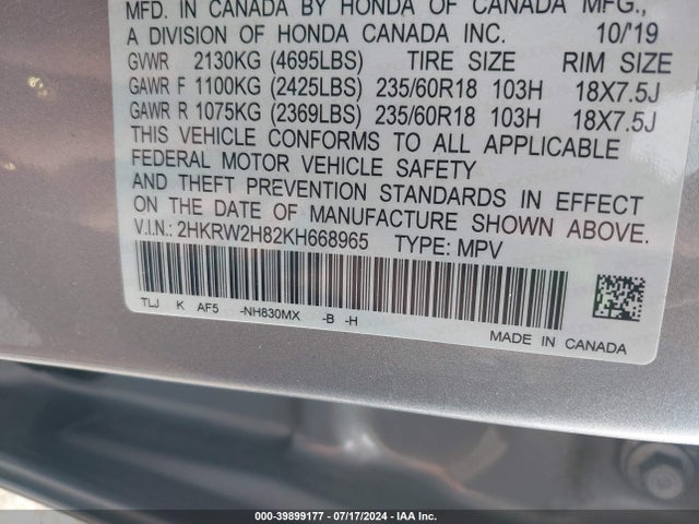 Honda Cr-v Ex-l 2019 2HKRW2H82KH668965 Image 9