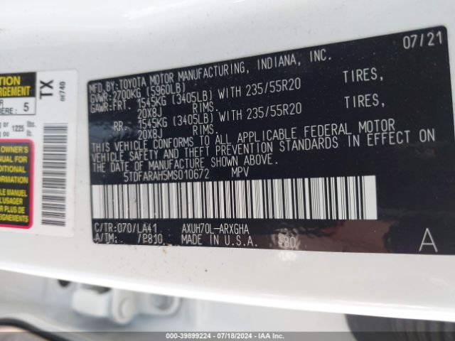 5TDFARAH5MS010672 Toyota Highlander Hybrid Platinum