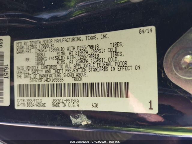5TFEY5F14EX165026 Toyota Tundra Sr5 5.7l V8