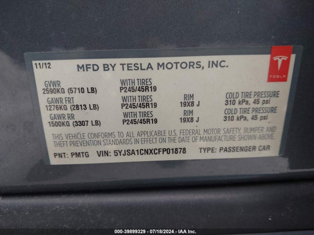 2012 TESLA MODEL S 5YJSA1CNXCFP01878 Photo 8