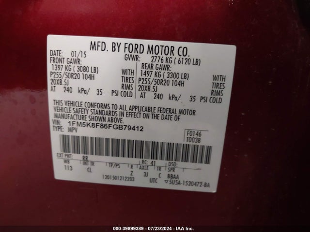 Ford Explorer Limited 2015 1FM5K8F86FGB79412 Image 9