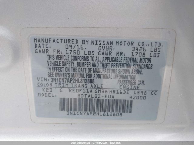 3N1CN7AP2HL812808 Nissan Versa 1.6 S/1.6 S+/1.6 Sl/1.6 Sv