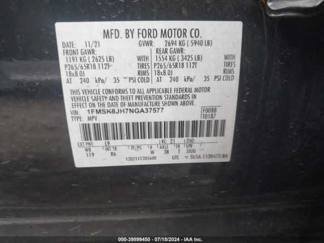 1FMSK8JH7NGA37577 Ford Explorer Timberline