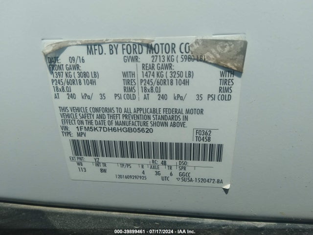 Ford EXPLORER XLT 2017 1FM5K7DH6HGB05620 Image 9