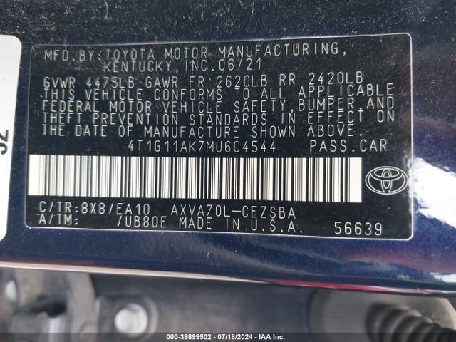 Toyota CAMRY SE 2021 4T1G11AK7MU604544 Image 9