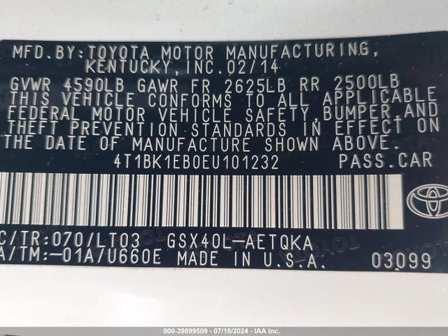 Toyota Avalon Xle Touring 2014 4T1BK1EB0EU101232 Image 9