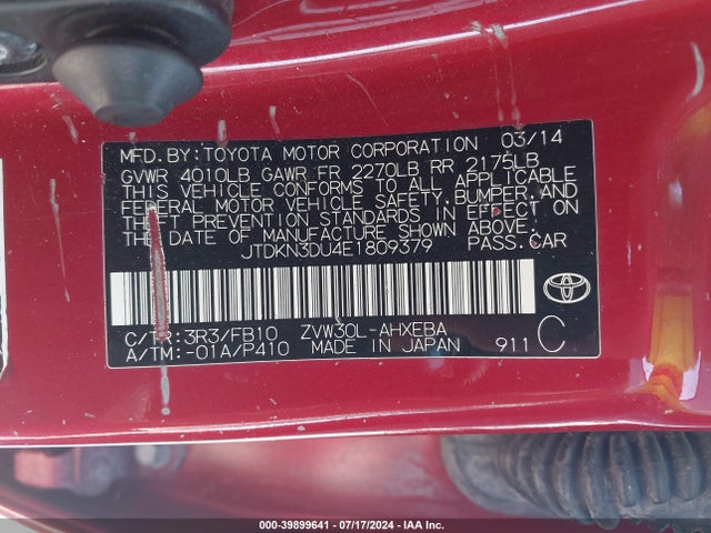 Toyota Prius Two 2014 JTDKN3DU4E1809379 Image 9