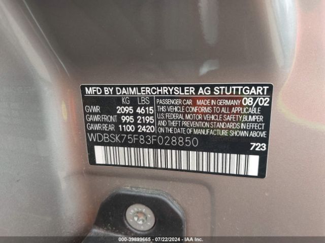 2003 MERCEDES-BENZ SL 500 WDBSK75F83F028850 Photo 8
