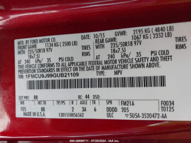 1FMCU9J99GUB21109 Ford Escape Titanium