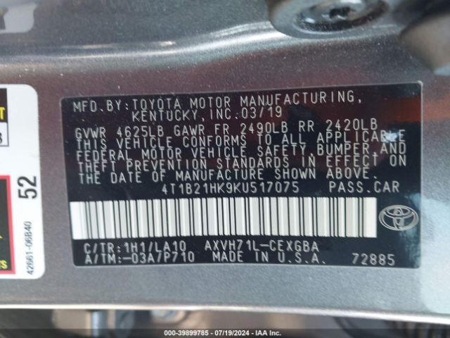 4T1B21HK9KU517075 Toyota Camry Hybrid Xle