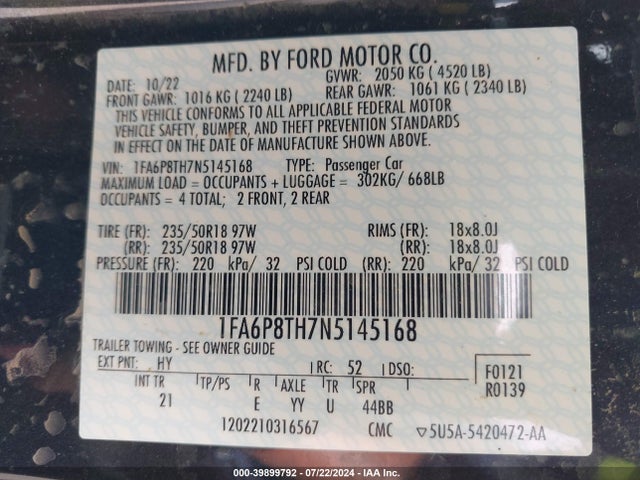 Ford Mustang Ecoboost Fastback 2022 1FA6P8TH7N5145168 Image 9