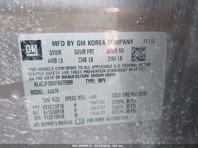KL4CJFSBXFB075999 Buick Encore Convenience