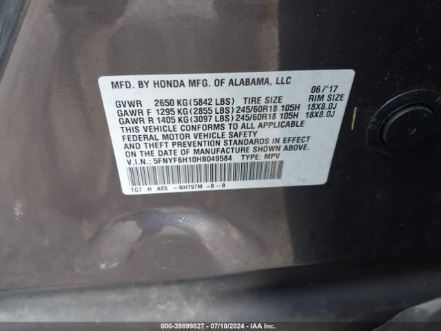 5FNYF6H10HB049584 Honda PILOT LX