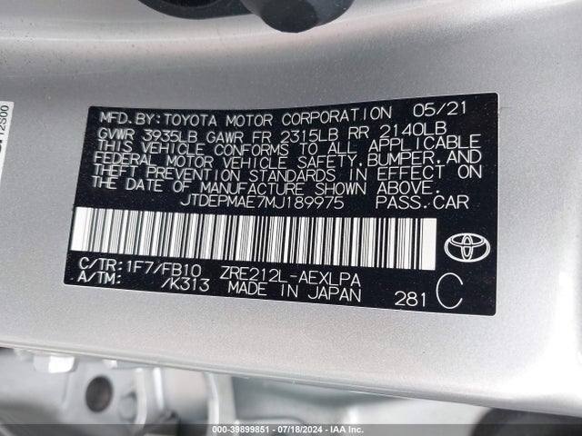 Toyota COROLLA LE 2021 JTDEPMAE7MJ189975 Image 9
