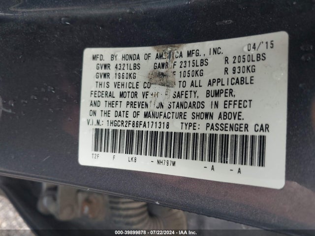 Honda Accord Ex-l 2015 1HGCR2F86FA171318 Image 9
