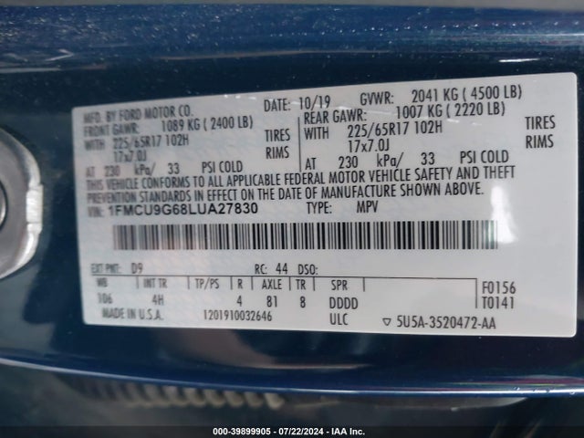 Aukcja sprzedaży 2020 Ford Escape Se, vin: 1FMCU9G68LUA27830, numer aukcji: 39899905