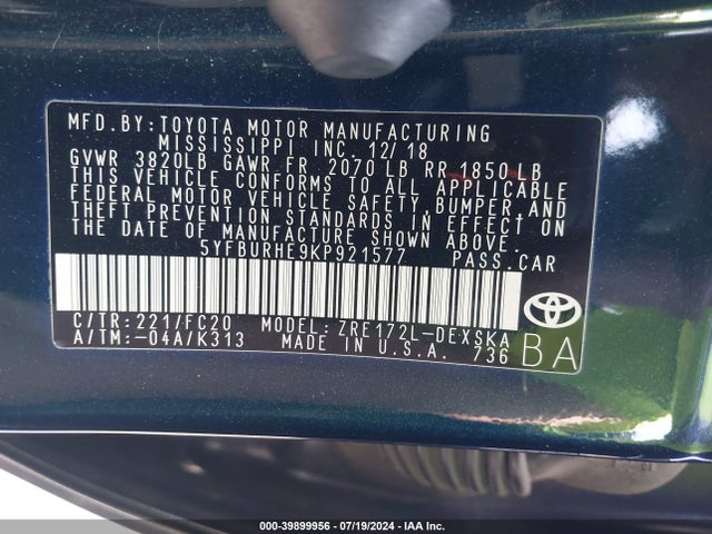 Toyota COROLLA SE 2019 5YFBURHE9KP921577 Image 9