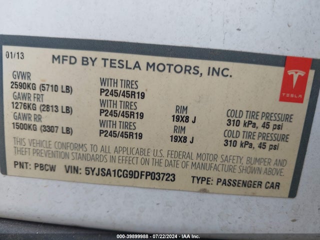 2013 TESLA MODEL S 5YJSA1CG9DFP03723 Photo 8
