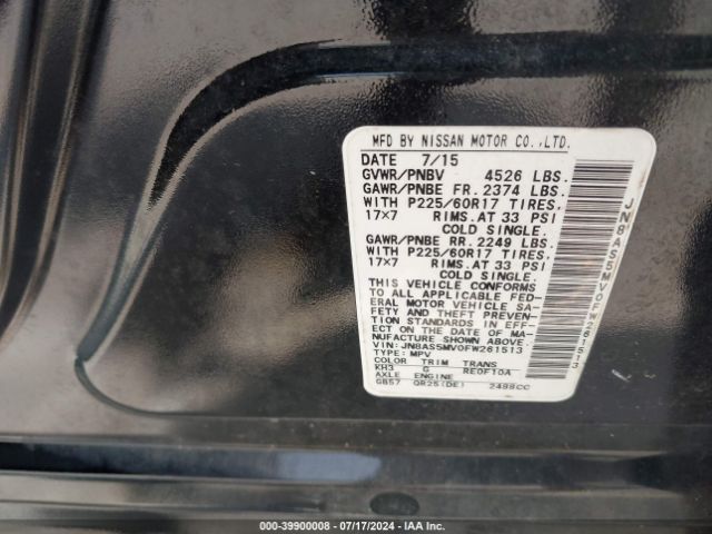JN8AS5MV0FW261513 Nissan Rogue Select S