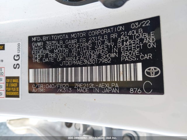Toyota COROLLA LE 2022 JTDEPMAE3N3017982 Image 9