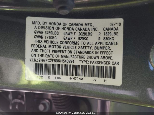 2HGFC2F80KH540894 Honda Civic Sport
