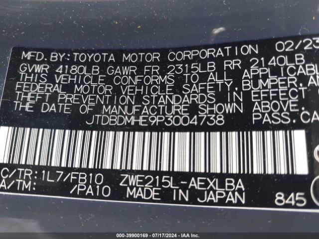 JTDBDMHE9P3004738 Toyota Corolla Hybrid Le