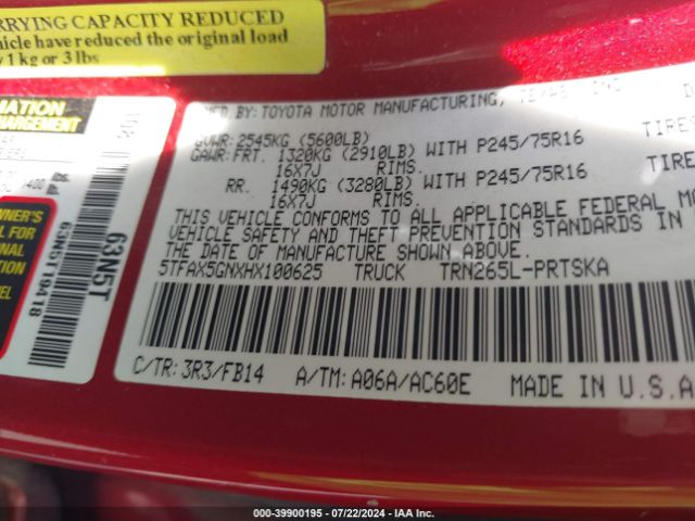5TFAX5GNXHX100625 Toyota Tacoma Sr