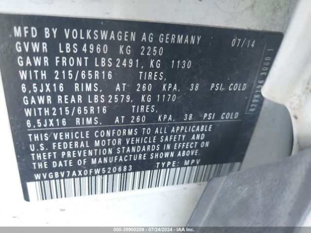 WVGBV7AX0FW520683 Volkswagen TIGUAN S